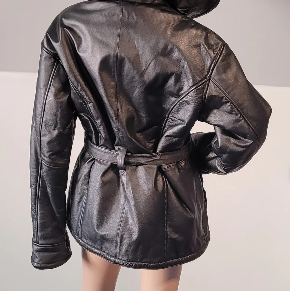 Wilsons Leather Women's Black Tie Waist Zipper Leather Faux Fur Coat Sz L W/Hood - Picture 4 of 14